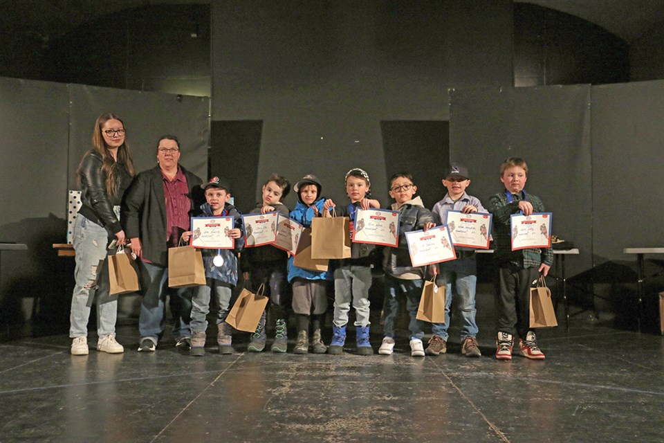 For the U7 team, the most dedicated award went to Kairo Whims, most improved to Anton Wosminity and most team spirit to Vadik Lehky. From left are Shelby Whims (team manager), Keri Lindsay (coach), Anton Wosminity (Most Improved), Chevie Pilon, Cooper Skinner, Kairo Whims (Most Dedicated), SJ Delorme, Weston Nahnybida and Vadik Lehky (Most Team Spirit). Not pictured are Dustin Wilson (Head Coach), Holly Mosher (Co-Manager), Liam Tourangeau, Ryan Chorneyko and Jace Keshane.