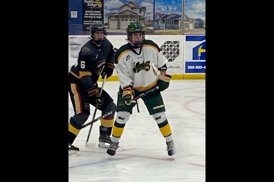 Unity native, Karson Blanchette, in game action with the U18 Prince Albert Mintos AAA team.