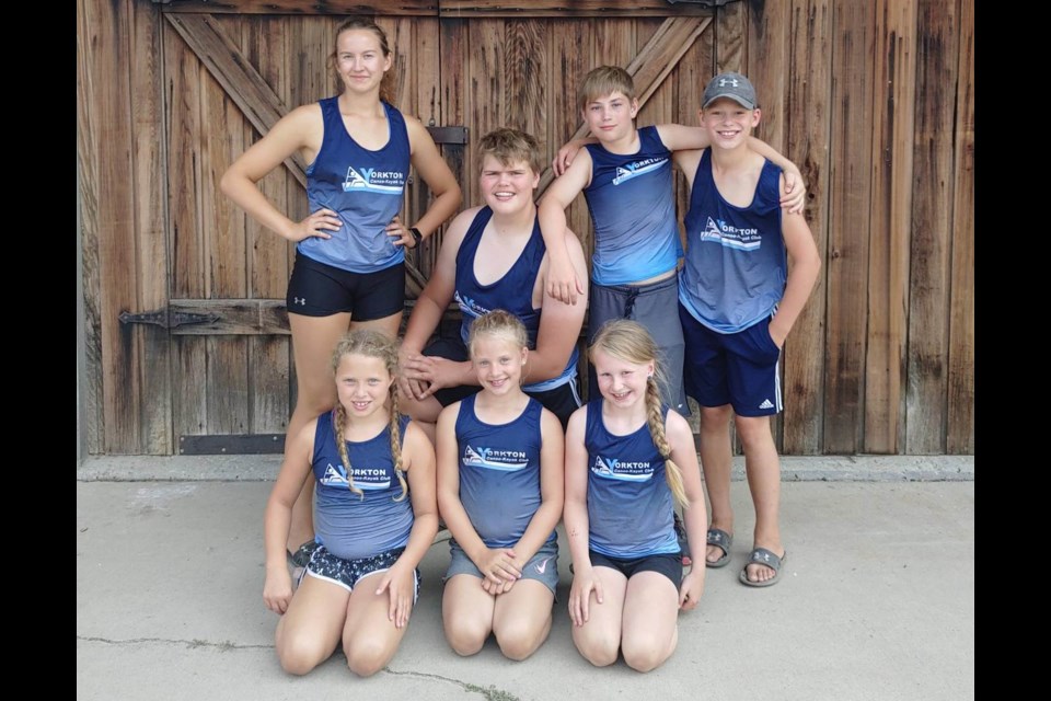 Yorkton Canoe & Kayak Club members back row from left; Elia Bolme, Hutzul, Seth Quiring, and Nathan Whitney. Front from left;  Brecklyn Baluk, Lily Whitney, and Vaida Kuntz