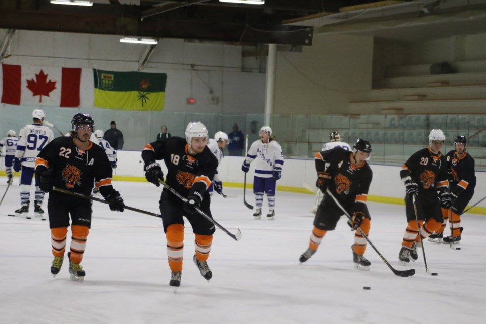 Kerrobert Tigers celebrated a big shootout win against defending SWHL league champions, Macklin Mohawks, Nov. 18. (File photo).