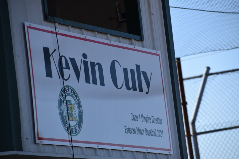 A banner on the Estevan Minor Baseball Wall of Fame pays tribute to Kevin Culy. 