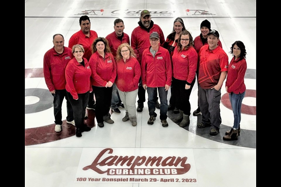 The 100-year Lampman Bonspiel committee is, back row, from left-Donald Willock, Aaron Fornwald, Trevor Fornwald, Calvin Christensen, Jessica McKenzie, and Kirk Johnson. Front row, from left, Melodie Willock, Shauna Johnson, Allison Massel, Dennis Fornwald, Amber Fornwald, Allan Walter and Lisa Vinck. Missing is Page Farnsworth and Steve Massel. 
