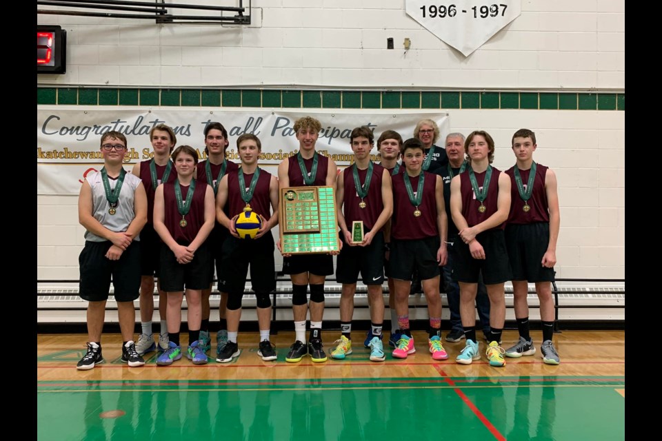 Zac Hango, Reece Harris, Luke Mzychzyszyn, Kaleb Fenrich, Owen Mann, Isaiah Mamer, Lyndin Ochs, Carter Cey, Keyan Sittler, Carter Wakelin, Kayden Braun, coached by Greg and Paula Mamer, won the 2A SHSAA Provincial volleyball championship.