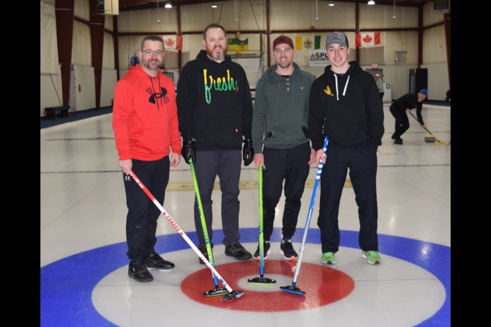 At the Canora Men’s Bonspiel on March 2-5, the Terry Wilson rink of Canora won the A event championship. From left, were: Wilson (skip). Curtis Baillie (third), Kyle Roberts (second) and Dawson Zuravloff (lead).