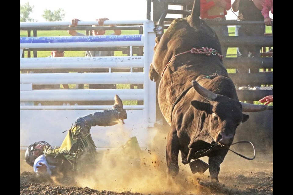 Bull rider Tyson Salmon of Esterhazy landed on his back as he was unable to stay on for the full eight seconds to record a score on Friday evening.