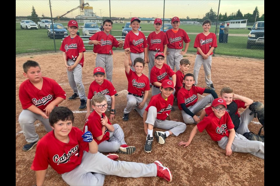 The two Canora U11 minor baseball teams, Team 1 and Team 2, ended their 2022 season with a game against each other on June 22. The Canora Minor Baseball Association bought each player a burger and pop, and then the teams played an entertaining back-and-forth game, according to a report from the diamond. Afterward, the players on both teams then gathered for a photo. From left, were: (back row) Bentley Bodnar, Nick Rewakowsky, Reid Kitchen, Ashton Strelioff, Chance Weinbender and Hudson Matychuk; (middle) Halen Scharfenburg, Kolton Unick, Wade Vangen, Declan Unick and Drew Kitchen; and (front) Brandyn Woichichowski, Ethan Chabun, Kalem Babchishin, Kasen Heshka, Cameron Sznerch and Mason Reine.