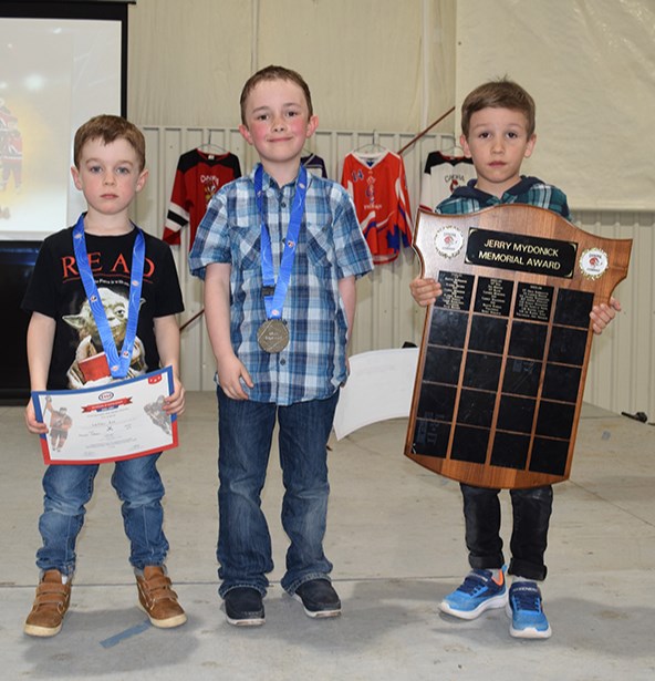 At the Canora Minor Hockey Awards Banquet on April 20, the U7 Canora Cobras award winners, from left, were: Lachlan Rice (most dedicated), Cold Edison (most improved) and Owen Kozmaniuk (Jerry Mydonick award). Carle Abbott (sportsmanship) was unavailable for the photo.