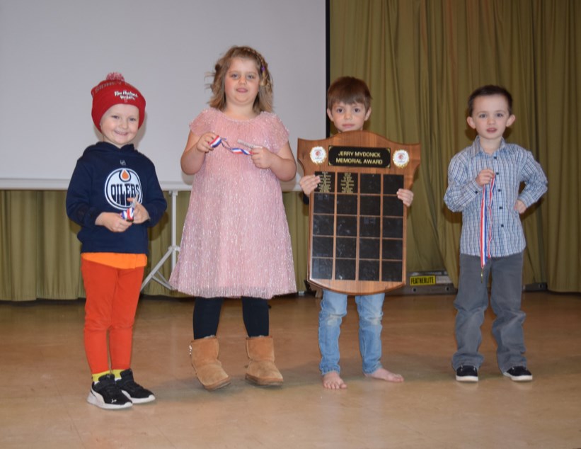 At the Canora Minor Hockey Recognition Social on April 2, the award winners for the U7 Red Canora Cobras, from left, were: Axel Nordin (sportsmanship), Reba Monich (most dedicated), Jay Menton (Jerry Mydonick award) and Lachlan Baillie (most improved).