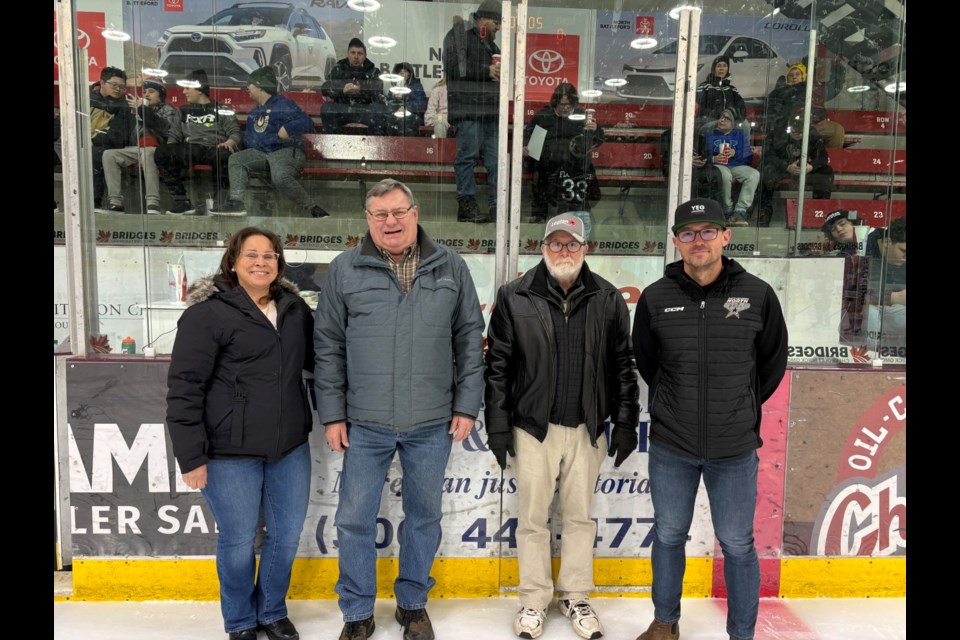 The North West Hockey Development Association started in the Battlefords in 1982, initially as a booster club for the AAA Stars. They evolved in time to provide support for the entire hockey community in the Battlefords. Through their endless hours of volunteering, they run the concession at the Access Communications Centre, and this tireless group of volunteers provides supports to local organizations. In 2023, they donated $50,000 to the North Stars to support their 2023-24 season. In the photo are NWHDA secretary Cora Bird, treasurer Don Hydukewich and president Gord Brown with vice-president of the North Stars, Mitch Hawtin