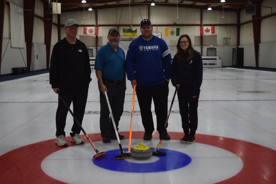 The Bob Kolodziejski rink of Canora won the top spot in the Canora Mixed Bonspiel held from March 18 to 20 at the Sylvia Fedoruk Centre. From left, were: Kolodziejski (skip), Robin Ludba (third); Brenden Halchyshak (second) and Valérie Caza (lead).