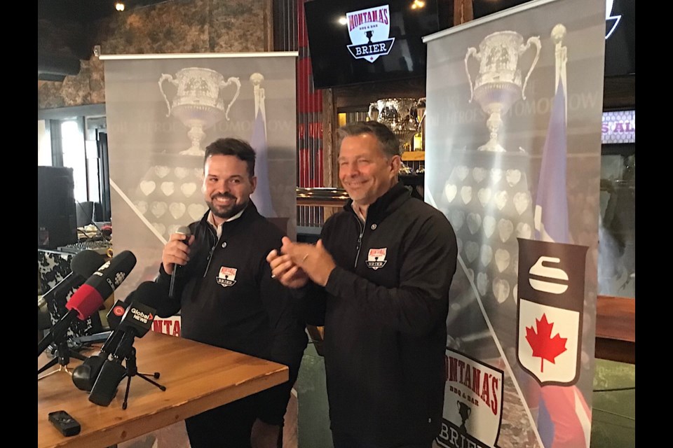 Yianni Fountas, Director of Marketing for Montana’s BBQ & Bar, and Mark Sozanski, Chief Operating Officer, make the announcement Sept. 15 that Montana’s as title sponsor for the Brier.