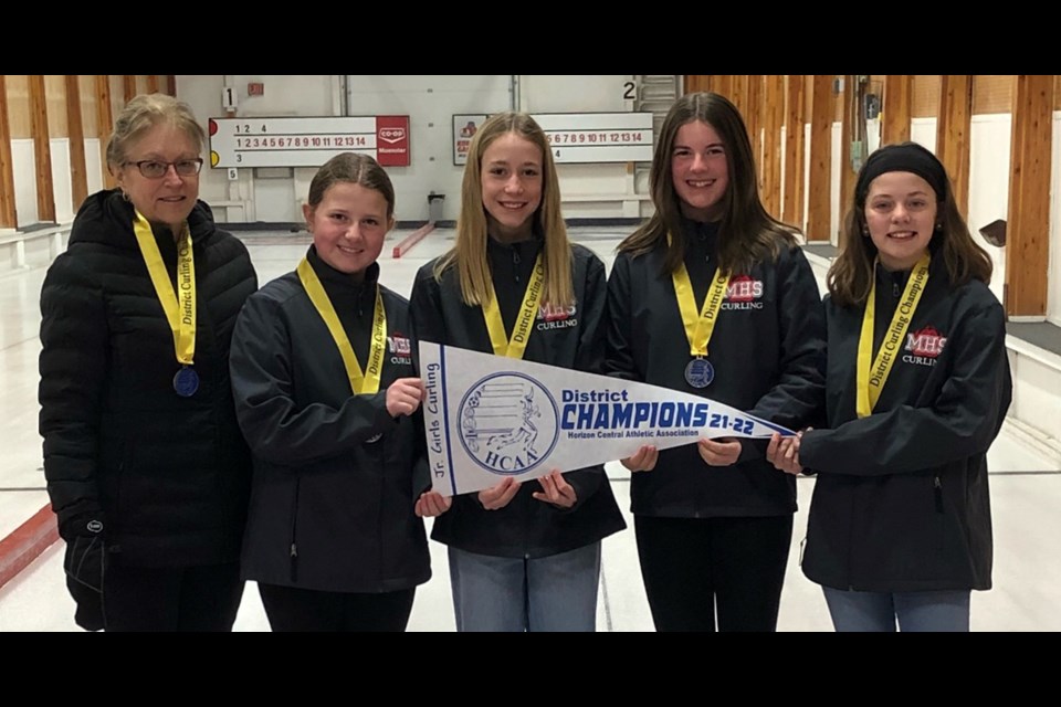 The Muenster School junior girls curling team, featuring skip - Payton Muggli, third - Sully Yeager, second - Sarah Loehr, and lead - Mikayla Sylvestre, won the Horizon Central Athletic Association district championship.