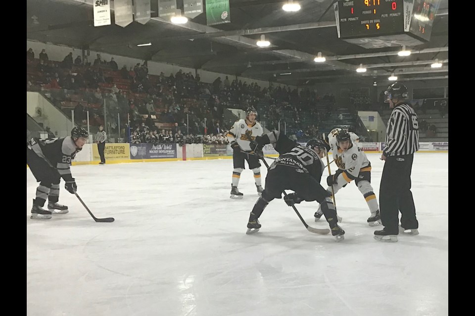 The North Stars and Hawks face off in the first period at Access Communications Centre.