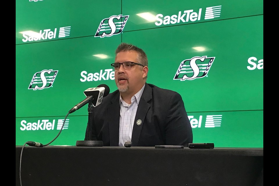 Riders General Manager Jeremy O’Day speaks to reporters Monday.