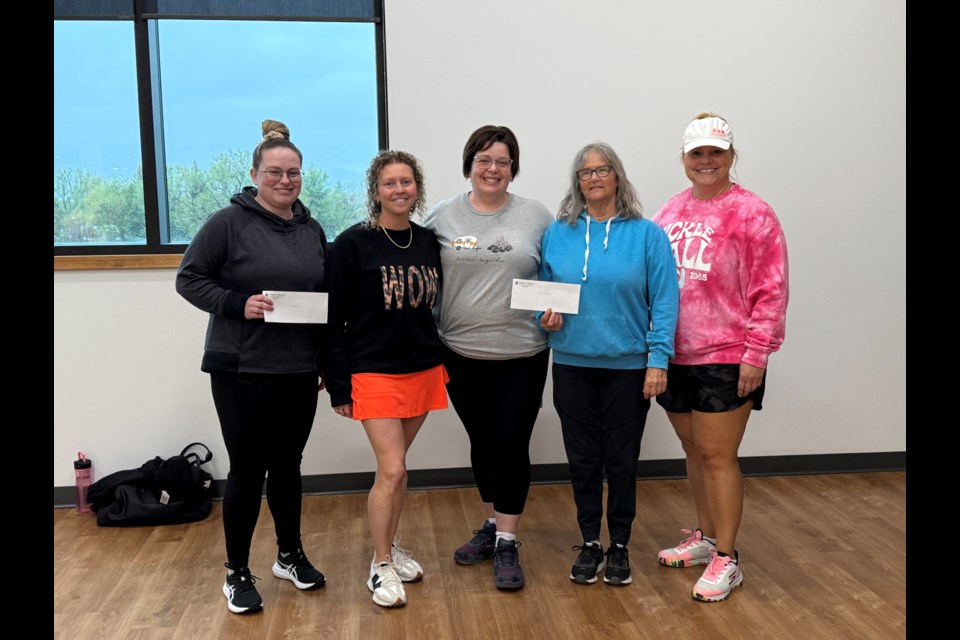 Members of the Weyburn Oilwomen donated funds from a pickleball lending shed kick-off event to the Tatagwa View and Special Care Home. From left to right Shastidy Sterling (Tatagwa View), Abby Kradovill (Weyburn Oilwomen), Shauna Block (Weyburn Oilwomen), Karen Fiechter (Weyburn Special Care Home) and Carmen Sterling (Weyburn Oilwomen).