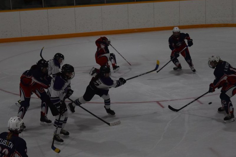 Jordyn Seversen of Pelly ripped this shot into the Parkland Fire net early in the first period to start the Prairie Ice (white jerseys) on the way to a series-clinching 5-1 win in Canora on March 18.