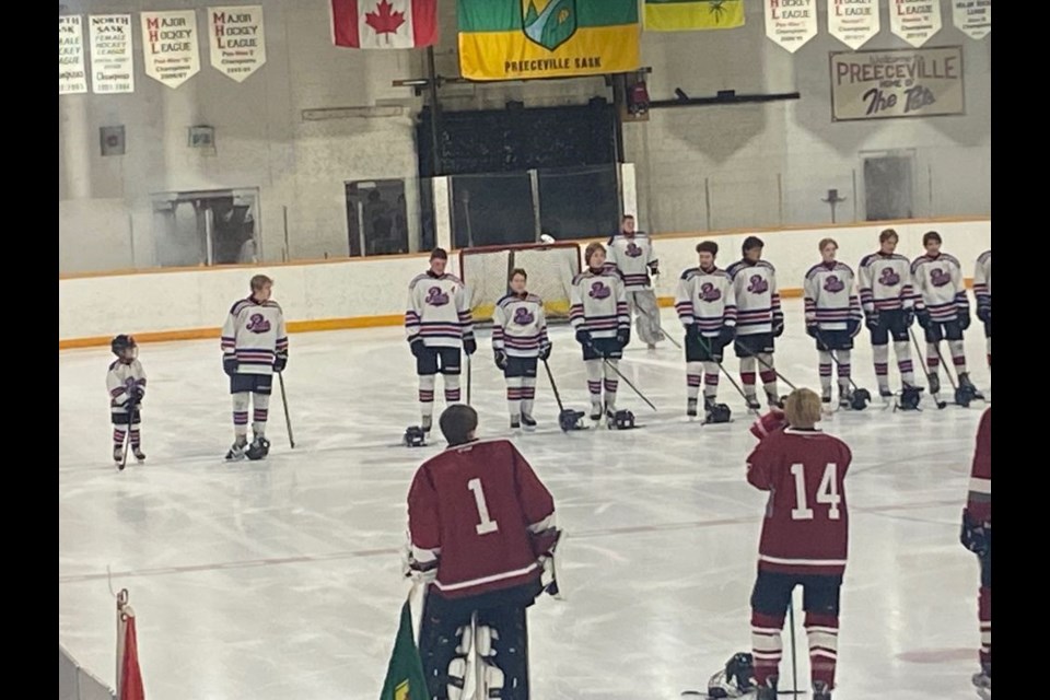 The Preeceville Pats U18 team (white jerseys) took on Wynyard in game two of provincials in Preeceville on February 13. / Preeceville Progress

