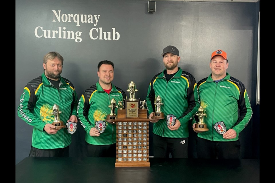 The Norquay championship curling team, from left, are: Ken Newell, skip, Evan Rostotski, third; Jason Lukey, second and Jared Lukey, lead. The local foursome earned the exciting opportunity to travel to Charlottetown, PEI for their shot at the National Fire Fighter Curling championships on March 22 to April 2.