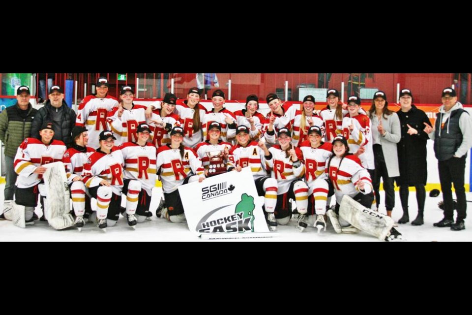 The Regina Rebels U18 girls celebrated after winning as provincial champs for the second year in a row after defeating the Notre Dame Hounds in two games.