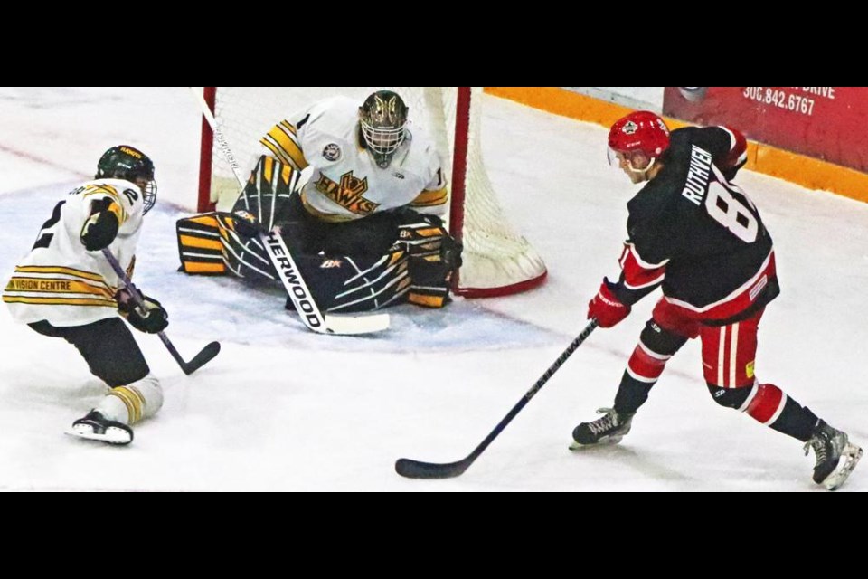 Red Wings player Jaxson Ruthven had an open opportunity to shoot on net vs the Hawks on Friday evening.