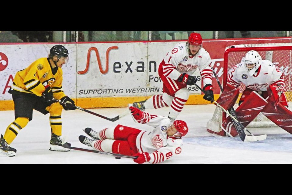 Weyburn Red Wing Brandon Kasdorf laid down in front of an Estevan Bruin, as teammate Cayde Augustin got his stick in front of goaltender Joseph Young, protecting the Wings from being scored on in an exhibition game on Sunday afternoon.