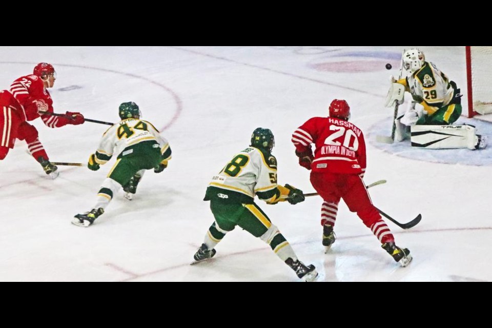 Red Wings player Max Monette fired a shot on the Humboldt net early on in the game and he later scored in the second period.