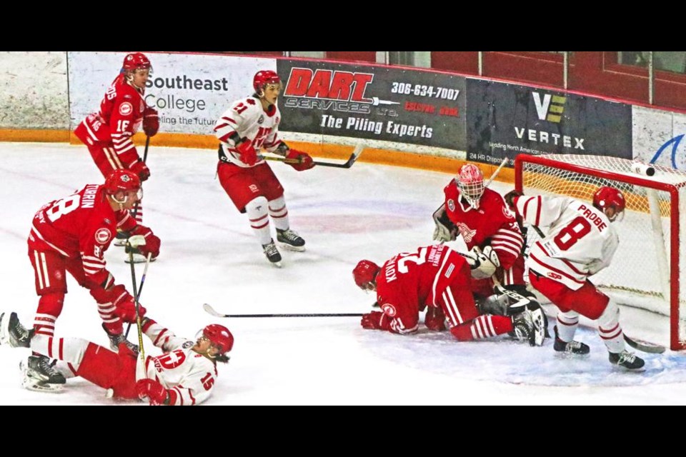 Red Wings players Matteo Turrin and Jordan Edwards approached the net as Nicholas Kovacs was knocked to the ice while Notre Dame player Dane Probe missed the open net on this play in the second period on Friday night.