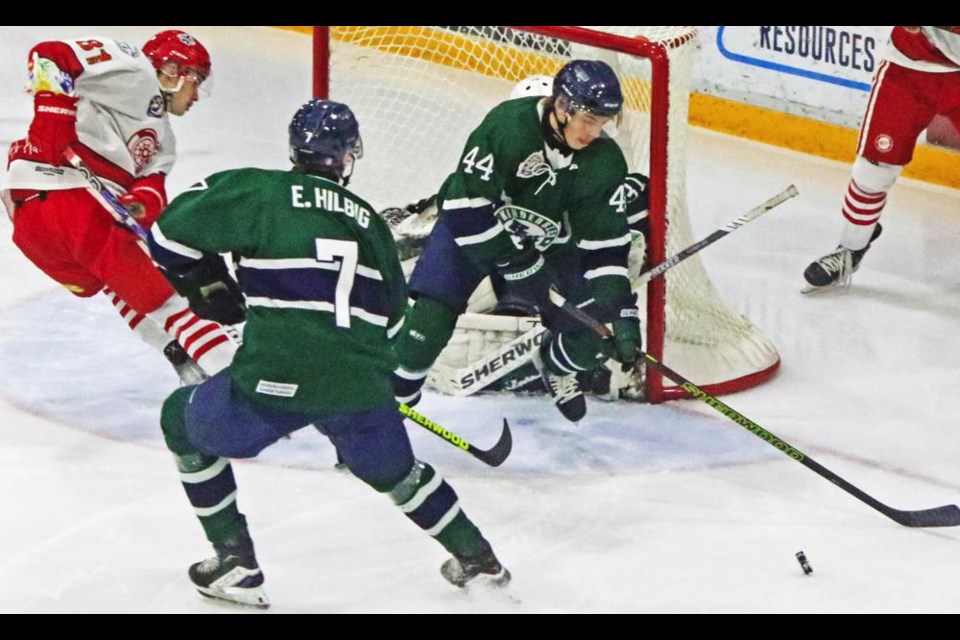 Red Wings player Jaxson Ruthven went in for a shot, which was turned away by the Klippers goalie, in their game on Friday evening.