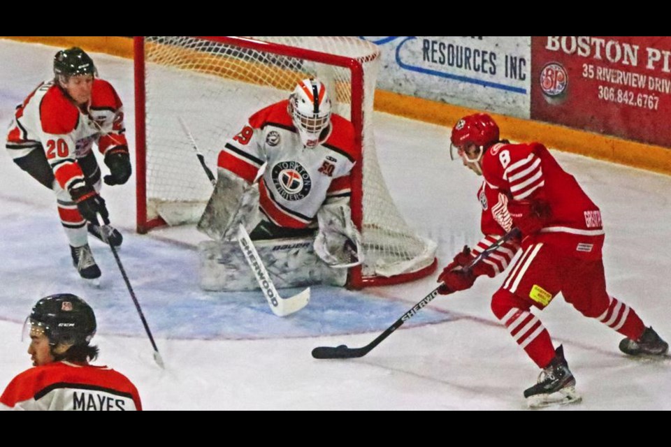 Red Wings forward Jakob Kalin tried stuffing the puck on the short side in this play vs Yorkton on Saturday night.