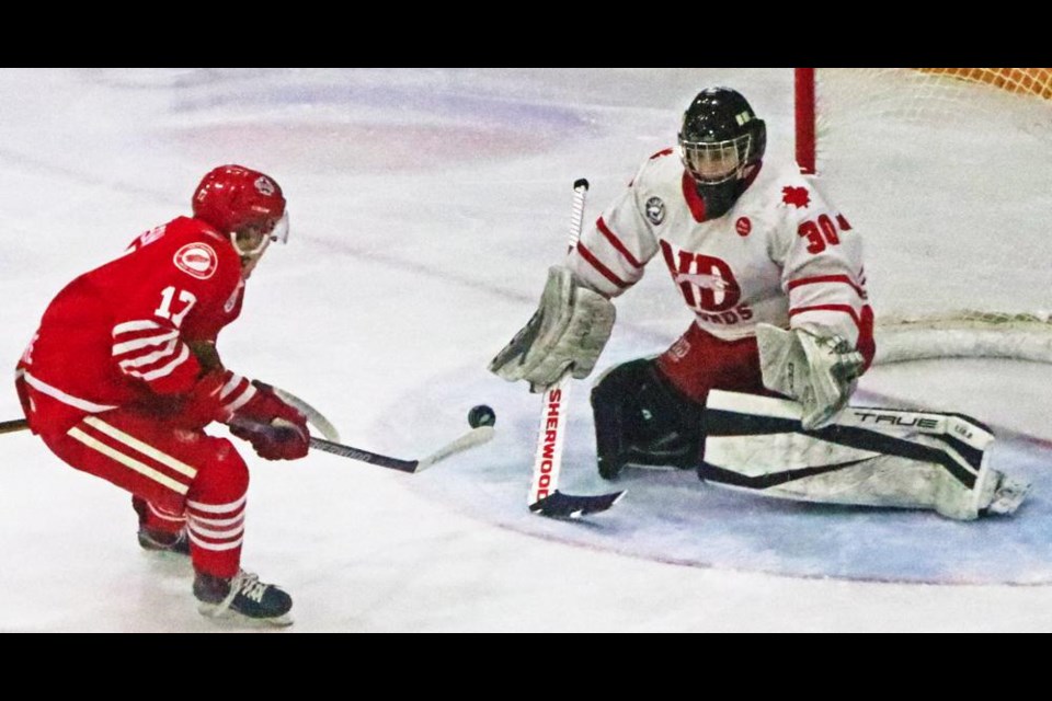 Red Wings forward Blake Betson attempted to lift a backhand over the Notre Dame goaltender on Friday night, after he was able to break in alone on the Hounds net. 