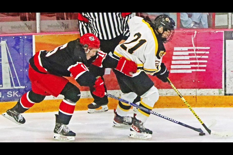 Red Wings player Brad Banach got his stick on the puck from behind on this play vs Estevan on Saturday night.