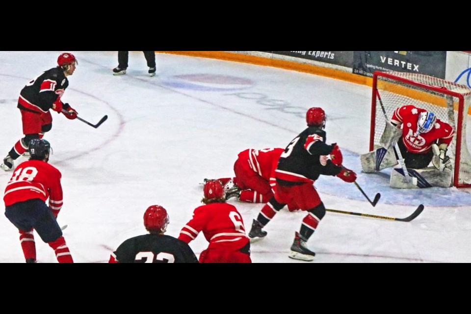 Red Wings player Brad Banach goes in close to fire on the Notre Dame net, during first period play on Friday evening.