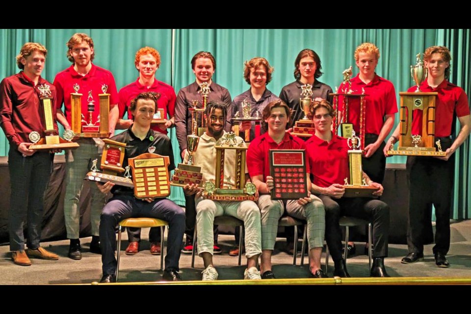 The Weyburn Red Wings team awards were presented at the season-end banquet at the Weyburn Legion Hall on Sunday evening. In the back row from left are Blake Betson, Carter Briltz, Braigh LeGrandeur, Jacob Visentini, Liam Fitzgerald, Angelo Zol, Nick Kovacs and Wyatt LaCoste. In front are MVP Dazza Mitchell, Jerome Maharaj, Lucas Jeffreys and Max Monette. Please see the story for the award details.