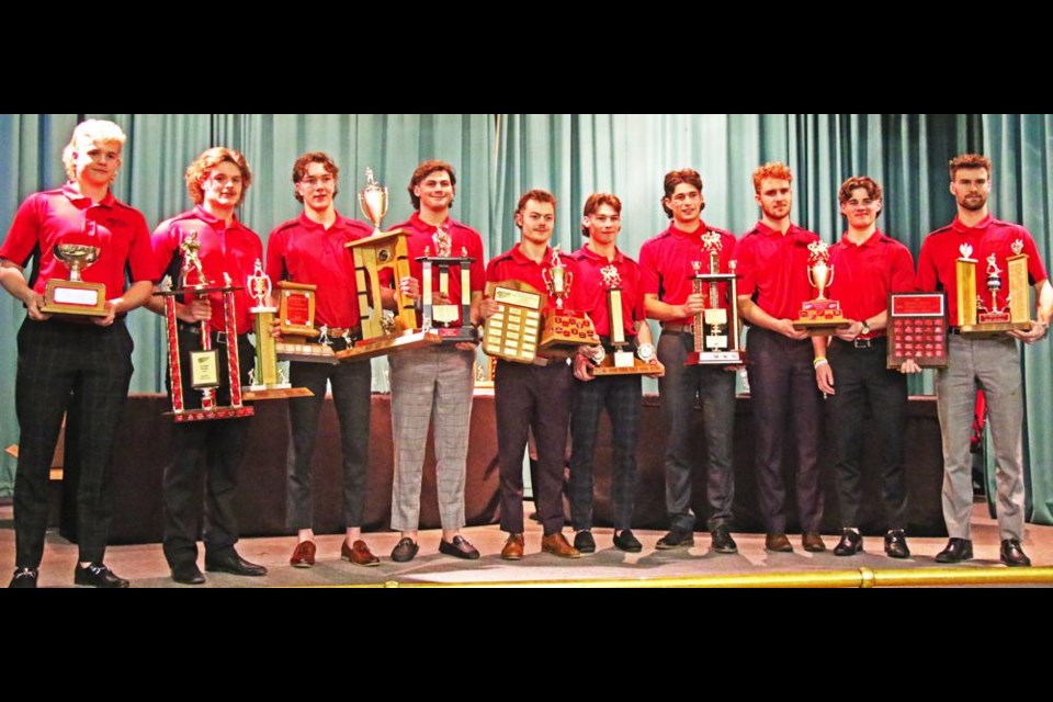 The award recipients for the Weyburn Red Wings gathered for a group photo with their trophies, at the team awards night on Friday. See the story for who won the awards.