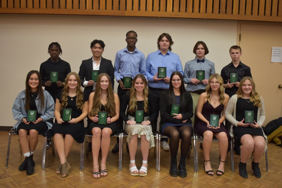 The Most Valuable Player Award for athletes in their respective sports.  Back Row Kapaya Chilufya, Rhencent Manalo, Emmanuel Adefolarin, Adam Lawson, Tyler Bissonnette and Nicklas Looft.  Front Row, from left to right, Yuka Burrell, Angela Fetsch, Paige Fedorowich, Elyse Johnson, Ella Kozak, Halle Mykytyshyn and Layla Szysky.