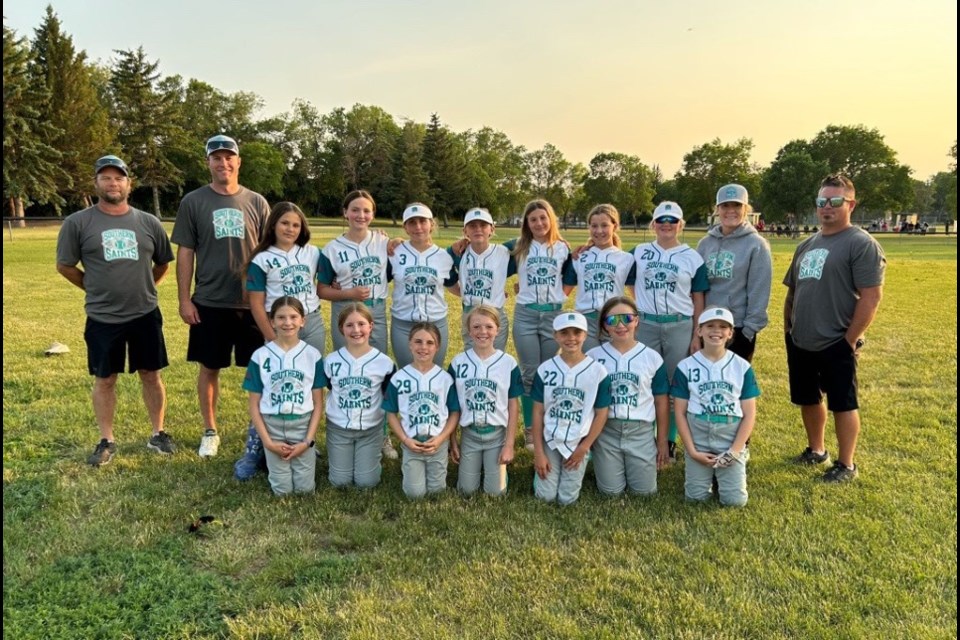 Members of the U11 Southeast Saints Provincial A team are, back row, from left, Jody Waloshin (head coach), Kevin Wolensky (coach), Lexi Mihalyko, Gracelynn Bayliss, Savannah Martin, Lilee Van Sickle, Harper Petzel, Sawyer Zahn, Taylor Curtis, Rosalie Story (coach) and Nick Laevens (coach). Front row, from left, Cami Farnden, Lily Podovinnikoff, Maddyn Wolensky, Ava Story, Brae Wolensky, Abby Swanson and Anika Juneau.