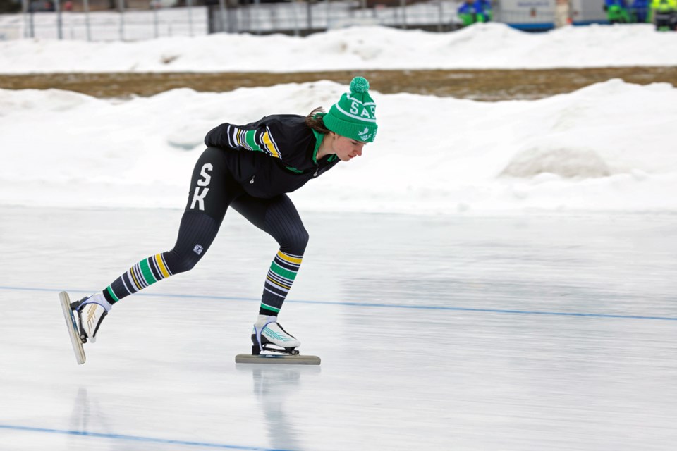 Serena Dallaire competing in the female 1500m long track speed skating event in the 2023 Canada Winter Games in Prince Edward Island.