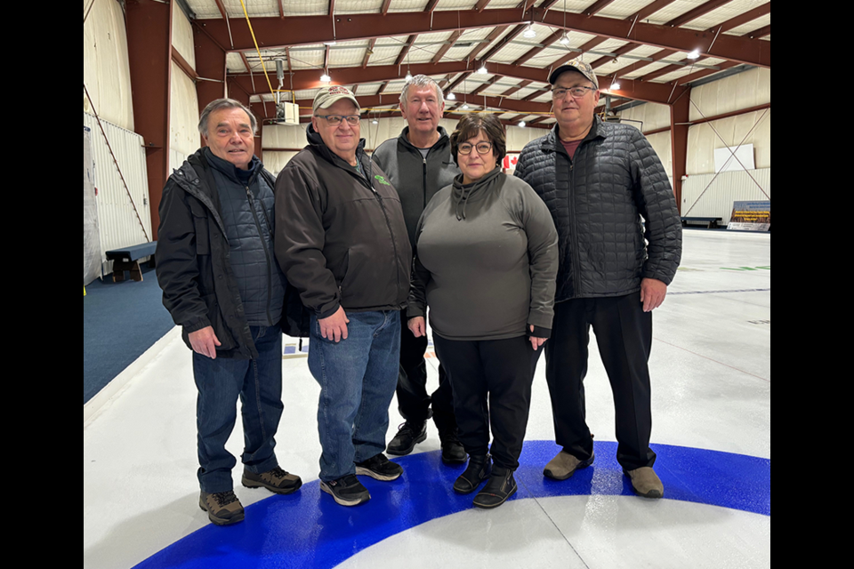 Taking first place in a tiebreaker, the members of the winning rink of the Canora Senior Bonspiel, held from Jan. 22-25, from left, were: Paul Spilchen (second), Clarence Homeniuk (third), Brian Hermanson (spare), Cynthia Gazdewich (lead) and Ernie Gazdewich (skip).