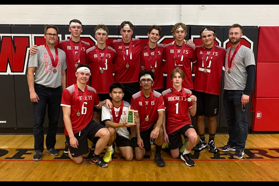 In the back row, from left, are assistant coach Curt Hawkins, Radu Bumbac, Ty Reid, Grier Peterson, Ruari Liagridonis, Mason Rasmussen, Keaton Hillmer, and head coach Matthew Lothian. In the front row, from left, are Grayson Ciocia, Karl Velonza, Vanshil Kumbhani, and Eric Helland.