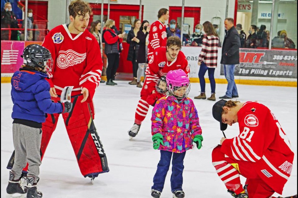 People can skate with and interact with Red Wings at the public skating sessions held every Sunday afternoon at the Tom Zandee Sports Arena through the winter.