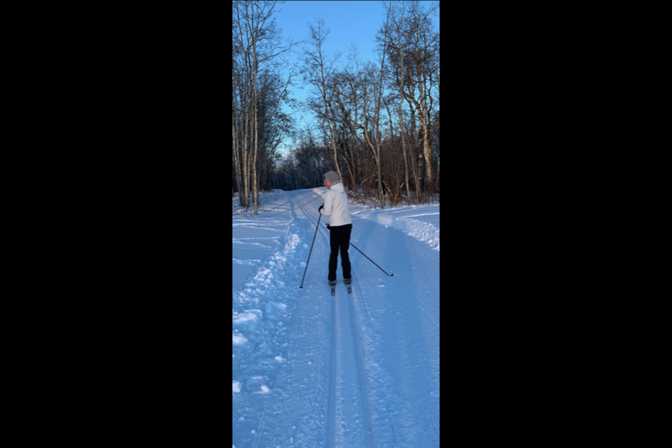 Vickie Stevenson, member of the Good Spirit Cross Country Ski Club, enjoyed the natural surroundings while cruising down the trail at Good Spirit Provincial Park. / Darryl Stevenson