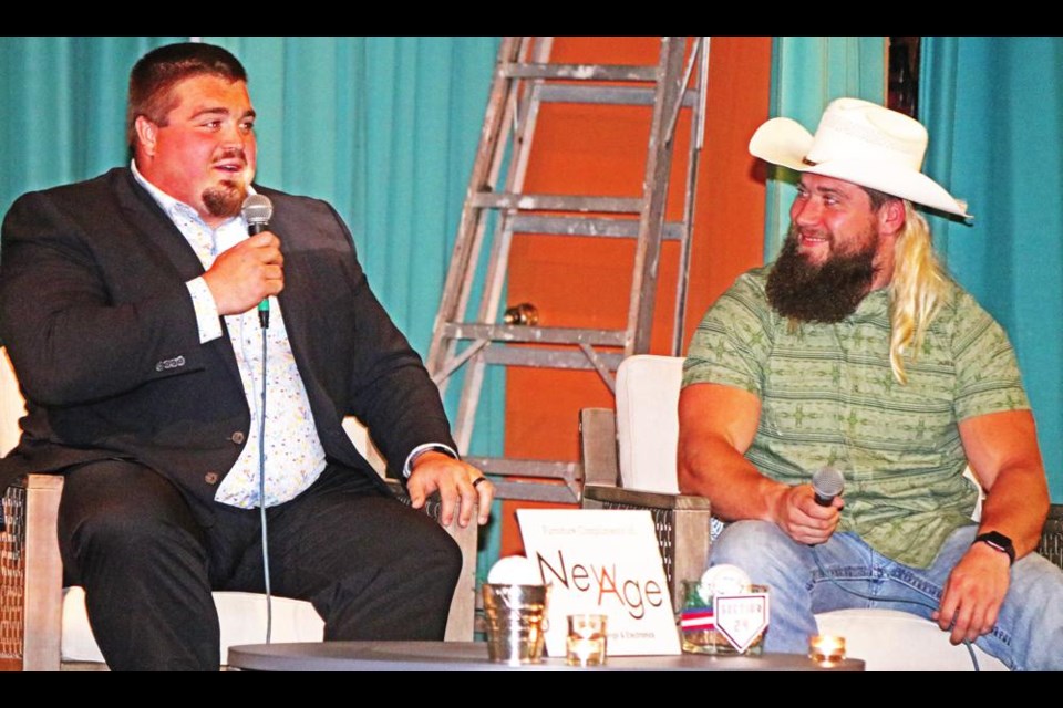 Weyburn's own Brett Jones, a seven-year veteran of the NFL, spoke as AJ Ouellette of the Riders listened, during the Weyburn Beavers sports dinner on Saturday.