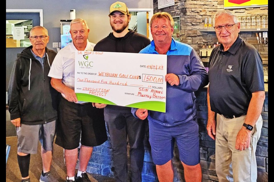Representatives of the Weyburn Senior Men’s golf club presented $1,500 to the Weyburn Golf Club for their irrigation project on Thursday. From left are treasurer Stan Runne, executive member Frank Kaip, golf club manager Chad Brock, fundraiser chair Murray Benson, and executive member Mickey Woodard.