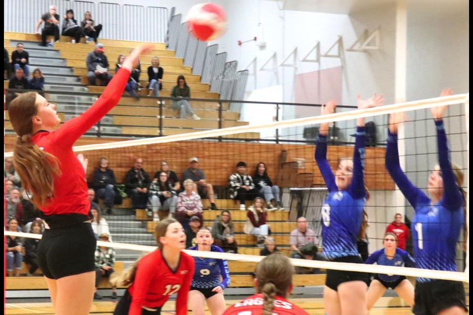 WCS Eagles player Ella Morken pounded this ball over the net to the Griffins on Friday.
