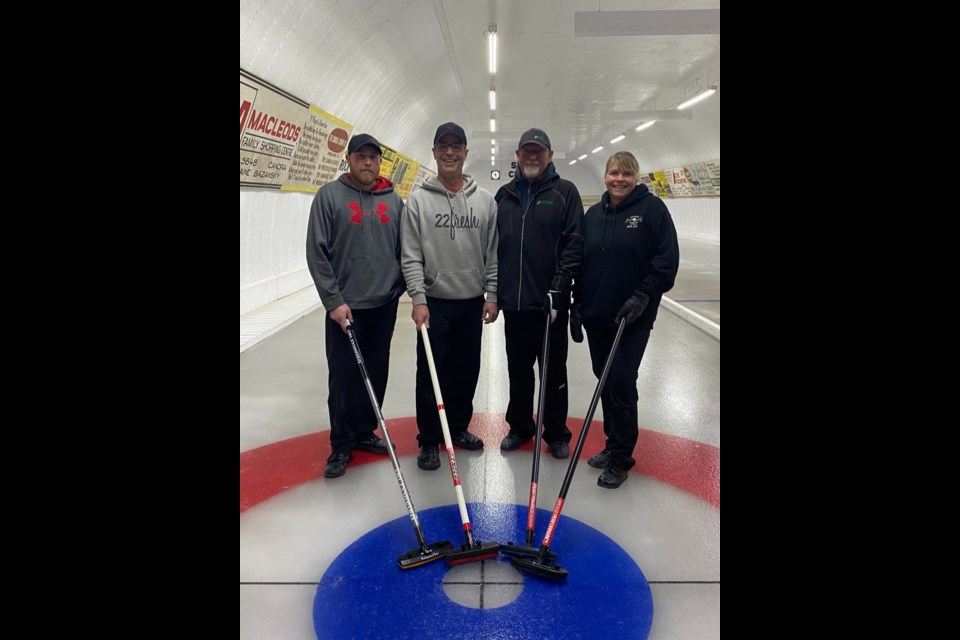 At the annual Stenen Open Bonspiel held from Jan. 29 to Feb. 5, the first event champions were the Tim Olson rink of Preeceville. From left, were: Jess Olson (third), Craig Folk (second), Tim Olson (skip) and Denise Olson (lead).