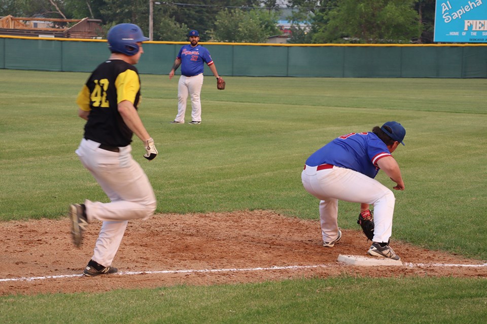 Against the Parkland Pirates on June 11, Supers first baseman Shae Peterson of Sturgis dug this low throw out of the dirt to complete a well-executed double play.
