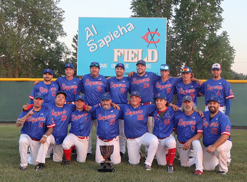 The 2025 SESBL Champion Canora Supers, from left, are: (back row) Dylan Toffan (Canora), Nate Wolos (Canora), Jordan Auger (Russell, Man.), Tyrel Thorpe (Langenburg), Kody Rock (Canora), Chaz Jaeb (Sturgis), Nathaniel Minhinnick (Invermay) and Brendan Babichuk (Invermay); and (front) Derek Palagian (Sturgis), Ian Quewezance (Kamsack), Evan Rostotski (Norquay), Greg Andreychuk (Yorkton), Shae Peterson (Sturgis), Braden Kitchen (Yorkton), Darcy Blommaert (Yorkton) and Kholton Shewchuk (Rama). 