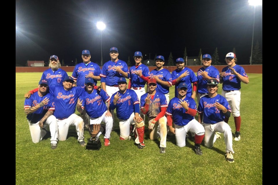 The Canora Supers proved to be road warriors, winning their third straight Southeast Senior Baseball League championship with a 3-0 win in Yorkton over the Marlins to wrap up the final series on August 3. From left, were: (back row) Darcy Blommaert, Travis Mentanko, Kody Rock, Brendon Landstad, Kholton Shewchuk, Tanner Denesowych, Shae Peterson, Grady Wolkowski, and (front) Derek Palagian, Ian Quewezance, Greg Andreychuk, Sean Kolodziejski, Zach Rakochy, Evan Rostotski and Clay Sleeva.