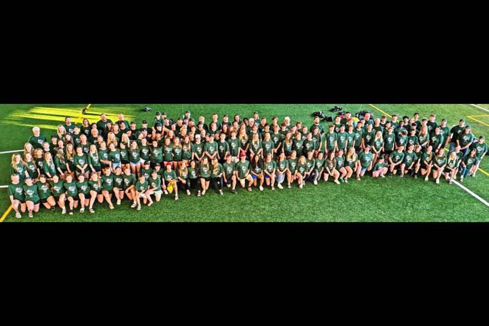 All of the athletes in Team 鶹Ƶeast gathered for a big group photo at the conclusion of the pep rally held on Monday evening in Weyburn at the Credit Union Spark Centre.