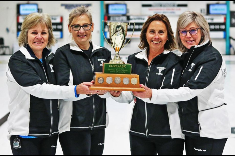 Team Streifel gathered with the championship trophy, after winning the senior women's curling championship over the weekend in Martensville. The team is comprised of Tracy Streifel, skip; Candace Newkirk, third; Danette Tracey, second, and Julie Vandenameele as lead.